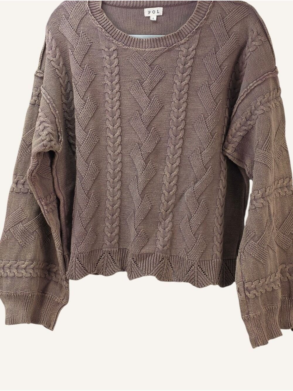 POL Mocha Cable Knit Wide Sleeve Sweater Scalloped Hem Large NWT